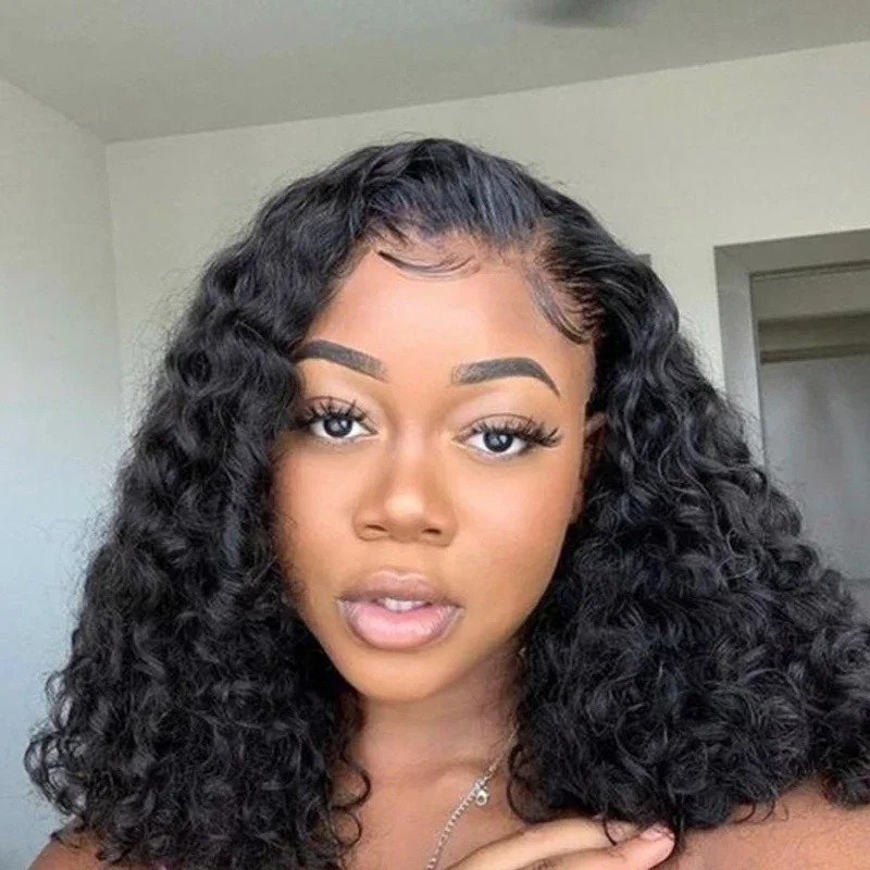 

Short Curly Water Wave Human Hair Bob Wigs 13x4 HD Lace Frontal Human Hair Deep Wave Transparent Lace Front Wigs For Women