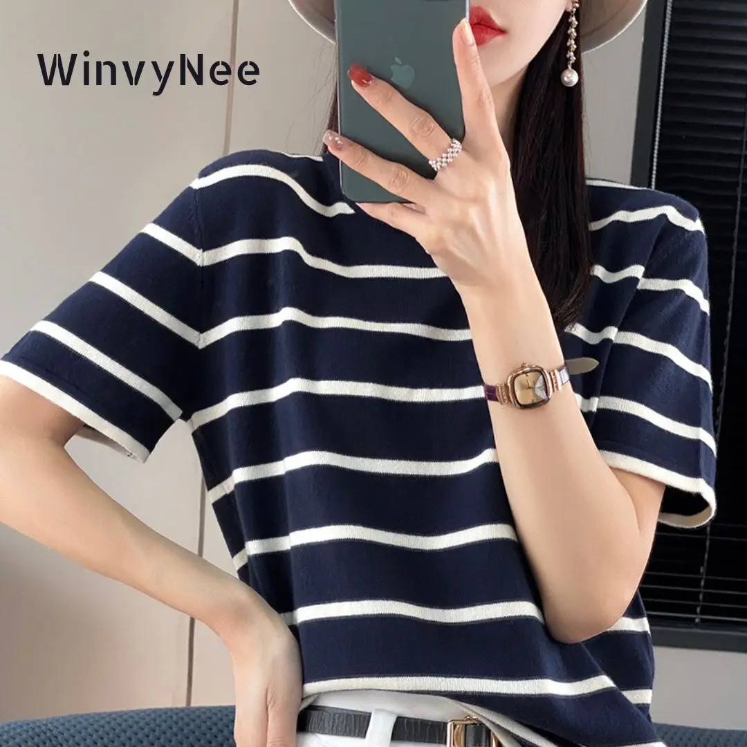 WinvyNee Summer Women 100% Cotton Striped T Shirt Women Clother Tops Short Sleeve O neck Sweater Casual Basic Pullover A1092006