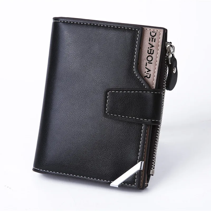 Vintage Men's Zipper Three-fold Leather Wallet Multi Function Button Purse with Multiple Card Slots and A Clear ID Window