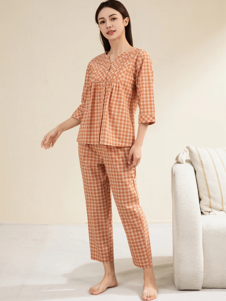 gemma-純綿スリープウェア長袖ホーム服セット女性用春夏快適な通気性のある綿パジャマ