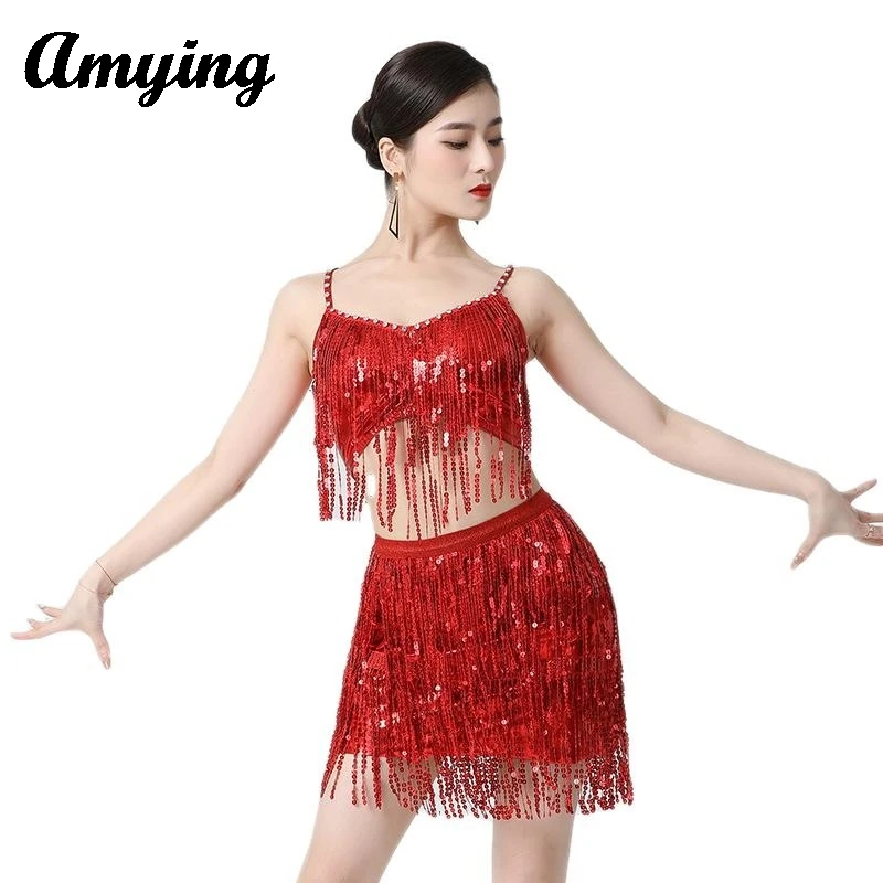 

Sexy Lady Belly Dance Costume Set Tassel Tops+Skirt Stage Performance Suit Jazz Dance Sequin Competition Suit Dance Clothing