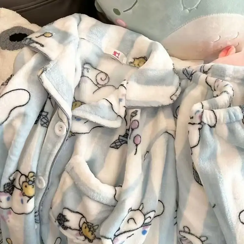 

Кардиган Cinnamoroll, синие полосатые коралловые бархатные фланелевые пижамы в стиле аниме с мультяшным принтом для девочек, осенне-зимний комплект домашней одежды