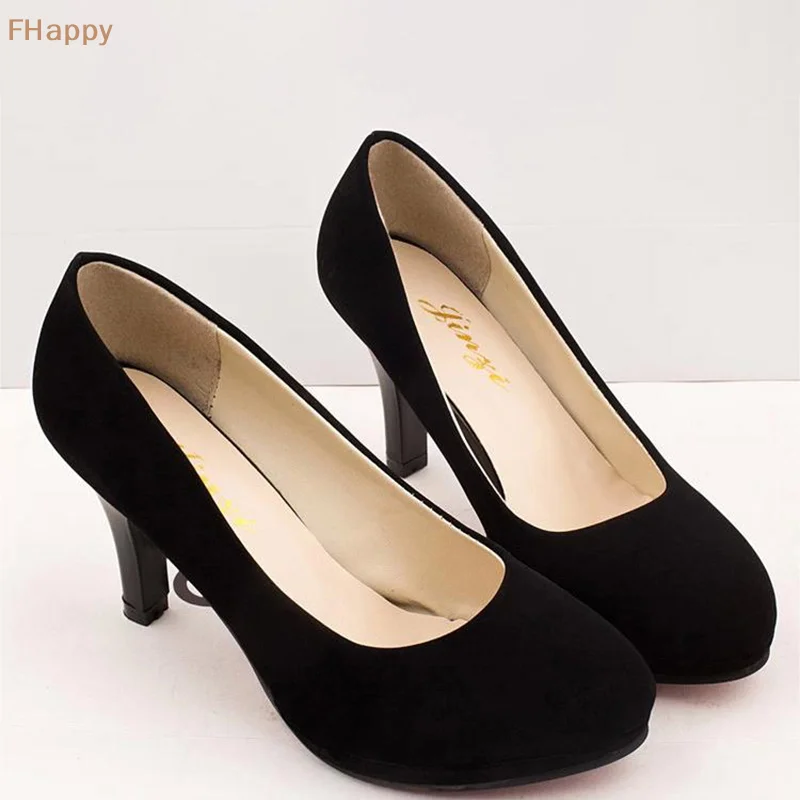 Fashion Round Toe Solid Color Suede High Heels Shoes OL Professional Working Women's Leather Shoes