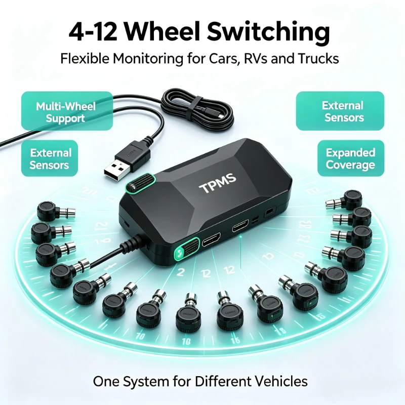 RV Auto LKW TPMS Reifendrucküberwachungssystem USB Android-kompatibel Großes Display 4-12 Räder Einstellbares Echtzeit-Warnsystem