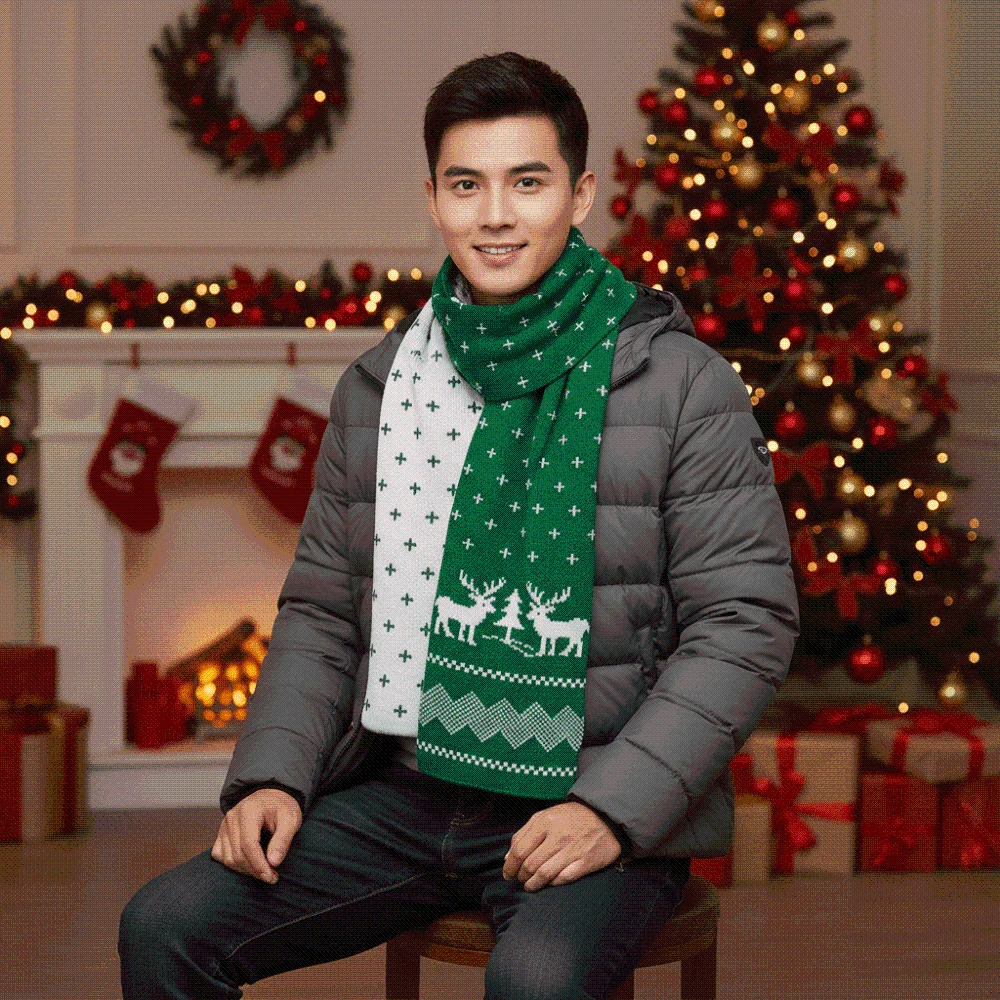 Thermal Yarn Christmas Hat Scarf Striped Pattern Plush Pom Xmas Beanie Double Layered Snowflake Print Knitted Holiday Scarf