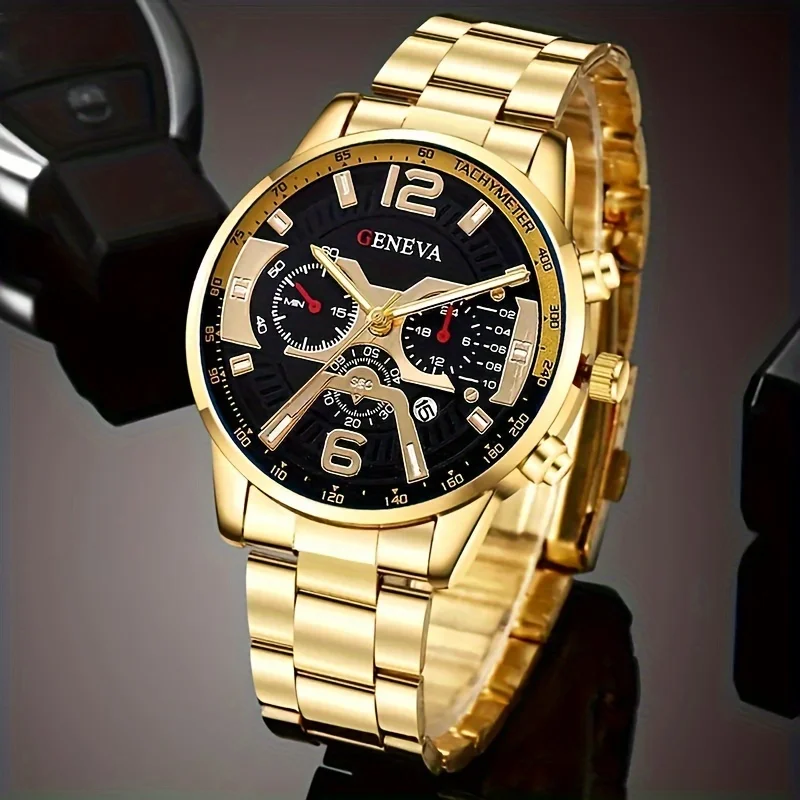 2pcs/set Men's Luxury Circular Calendar Quartz Watch+bracelet, Casual Business Sports Style, Men's Watch