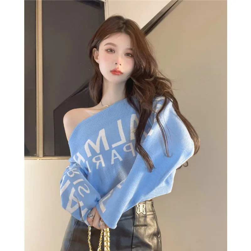 

French Fashion Letter Printed Knitwear Autumn New One Line Collar Loose Long-sleeved Sweater High Street Casual Women's Wear