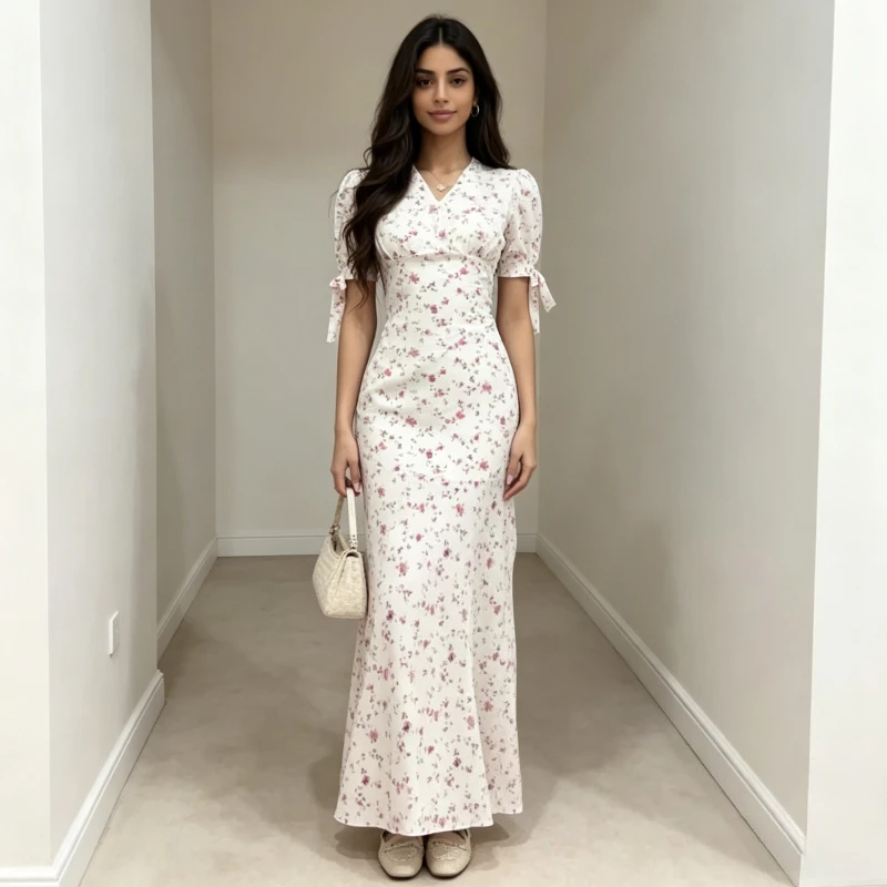 Damenkleider mit Blumenmuster, Langes Kleid mit V-Ausschnitt, Schnürung, Schlanker Schnitt, Sommerliches Kurzarm-Maxikleid, Süßes Damenkleid 2026 Vestidos