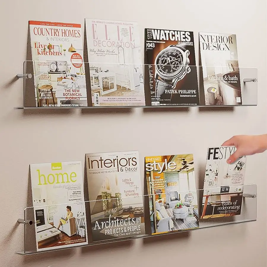 2 Pack Acrylic Magazine Holder Rack Brochure Holder Wall Mount 24 inch Clear Hanging Magazine Rack Floating Bookshelf for Litera