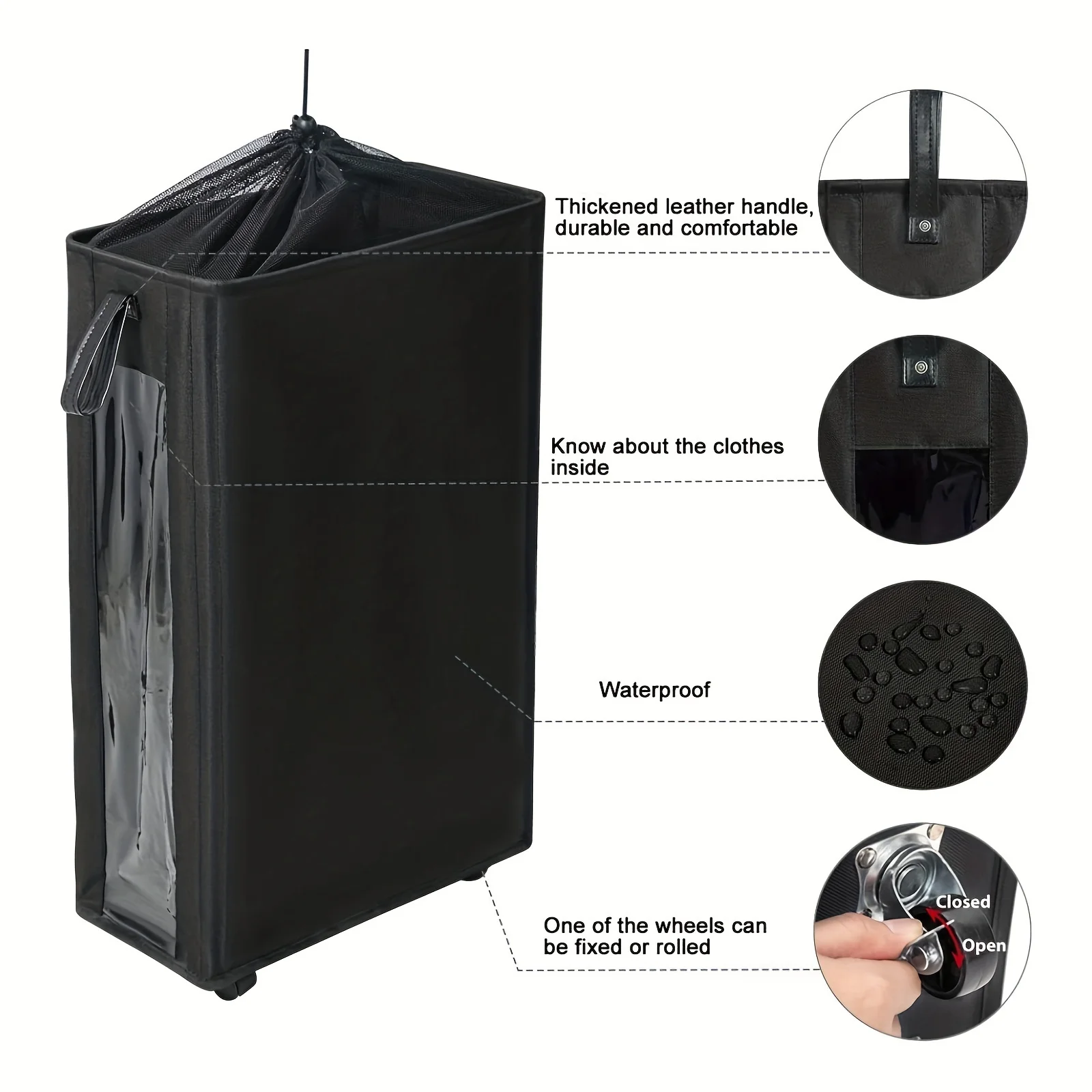 1PC 55L/14.5gla Laundry Basket With Wheels,Corner Storage Bag, Clear Window Visible Dirty Clothes Hamper