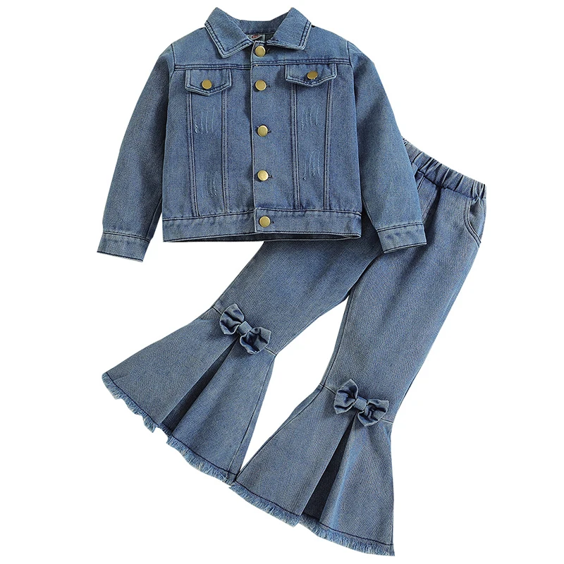 

2Piece Spring Fall Toddler Girl Outfits Set Fashion Denim Long Sleeve Baby Jacket Coat+Flare Jeans Kids Boutique Clothes BC1053