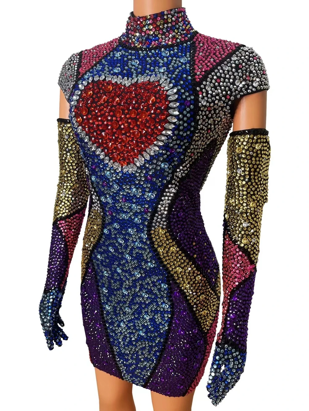 Lussuosi guanti per abiti con strass colorati completi Set da donna per il compleanno della sera festeggia il vestito da spettacolo in Costume da spettacolo