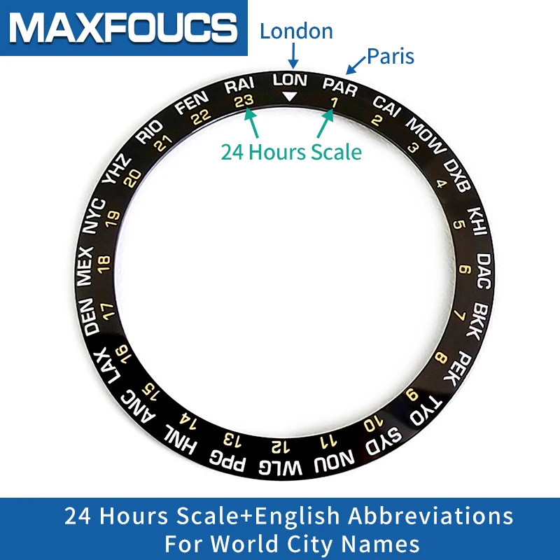 Sloped Ceramic Bezel Insert For SKX 38*30.6mm 24 hours scale English Abbreviations for World City LON PRI Divers Replacement