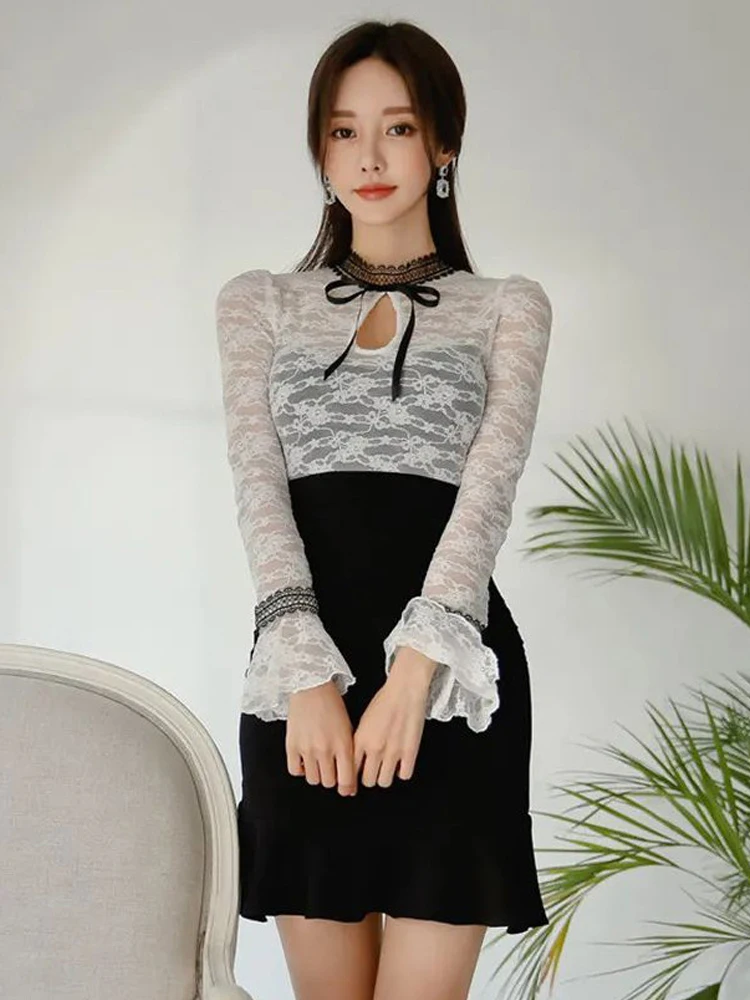 Vestidos cortos coreanos elegantes para Mujer, dulce encaje blanco transparente, Sexy, con lazo hueco, volantes, cola de pez, fiesta, fecha, calle, Mujer