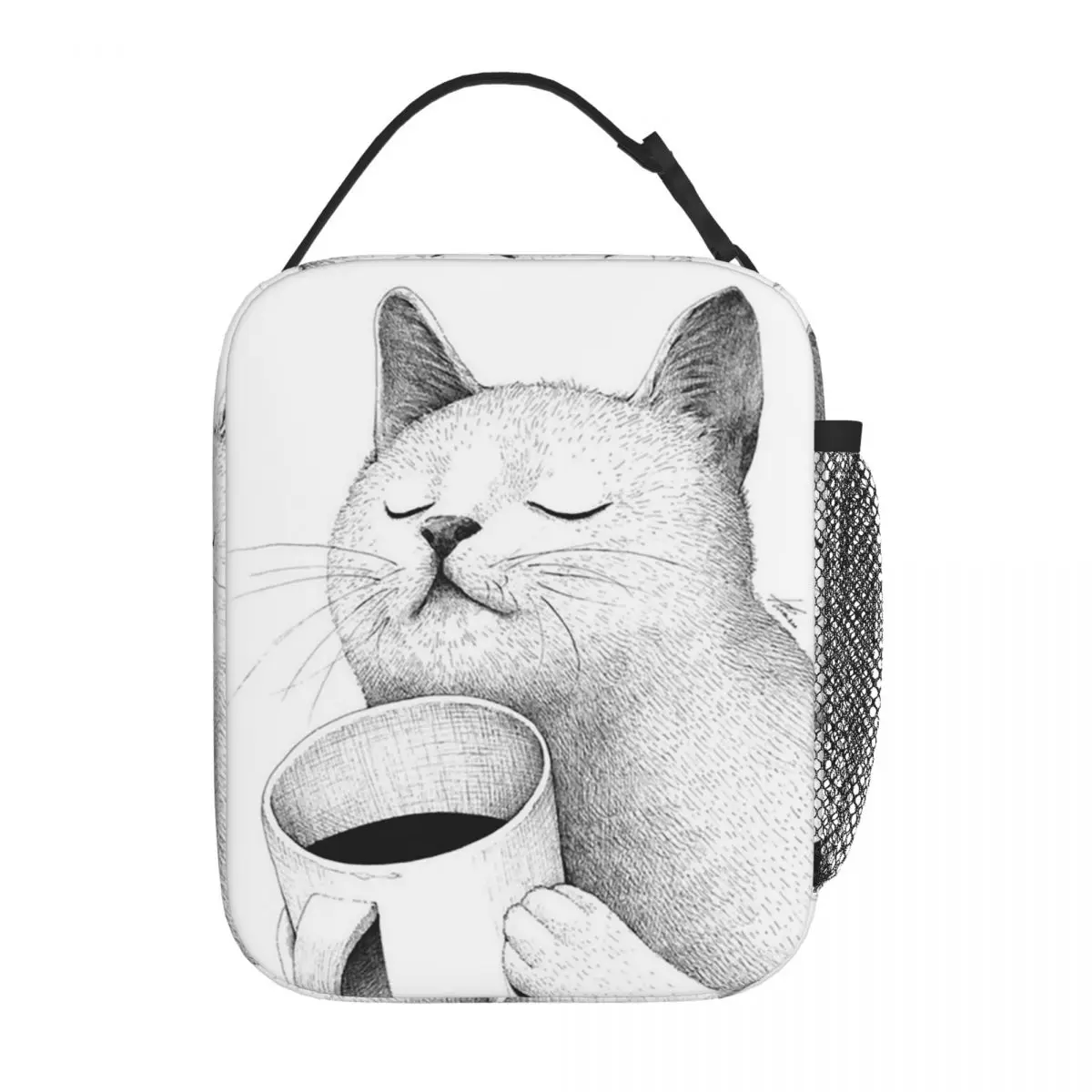 White Cat Holding Coffee Cup Pattern Insulated Lunch Bag for Women Kids Portable Food Boxes Thermal Lunch Box Tote