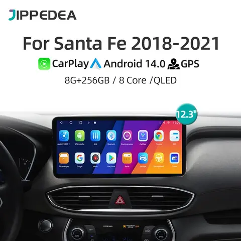 현대 산타페 2018-2021 차량용 멀티미디어 플레이어, 카플레이, GPS 내비게이션, 스테레오, 4G, 와이파이, 블루투스, 자동차 라디오, 12.3 인치, 안드로이드 14