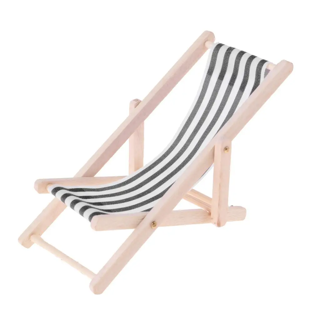 Mini Lounge Chair Doll Beach Furniture Wood Striped Folding Deckchair for Dollhouse Miniature Accessories 1 12