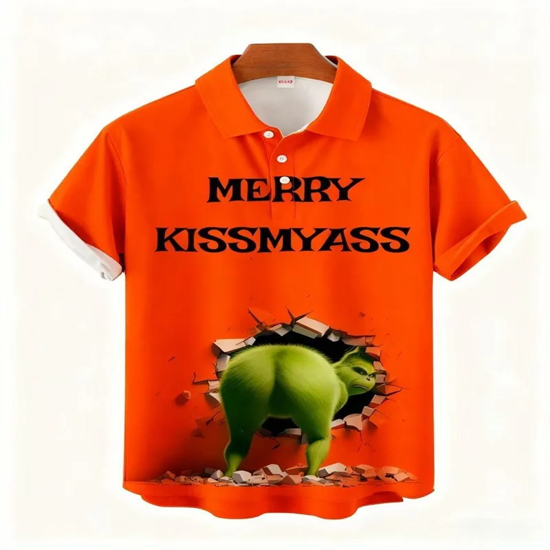 2025Merry Kissmyass Fun Christmas Green قميص قصير الأكمام مطبوع قميص بولو عصري ومريح
