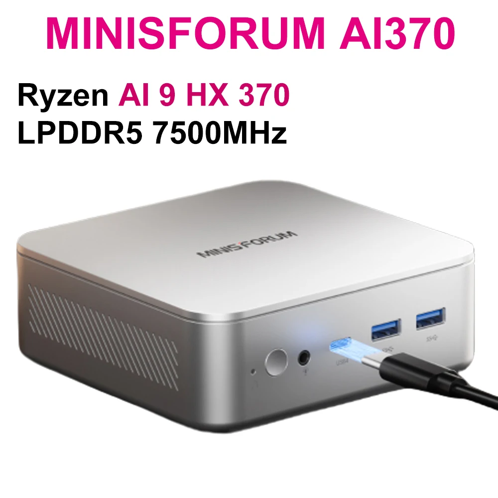 MINISFORUM AI370 Mini PC AMD Ryzen AI 9 HX 370 AMD Radeon 890M LPDDR5 7500MHz Windows 11 Mini Computer BT 5.3 AI Gaming Mini PC