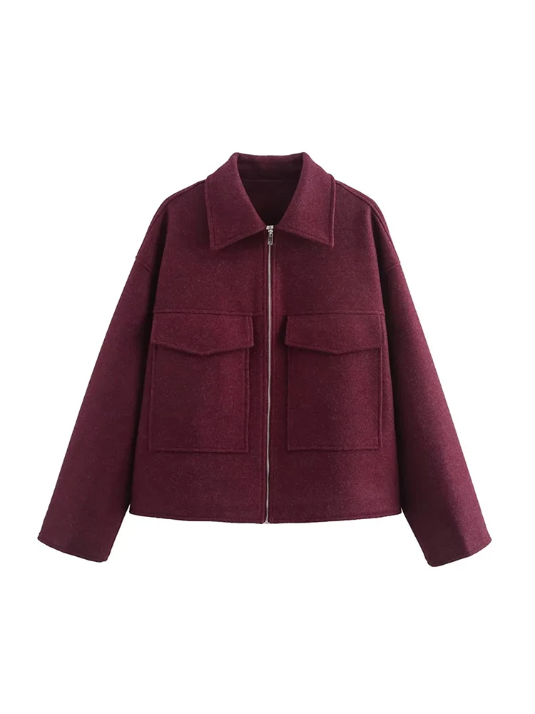 

Women's casual loose woolen jacket, burgundy large pocket zipper jacket, autumn and winter new, 2024