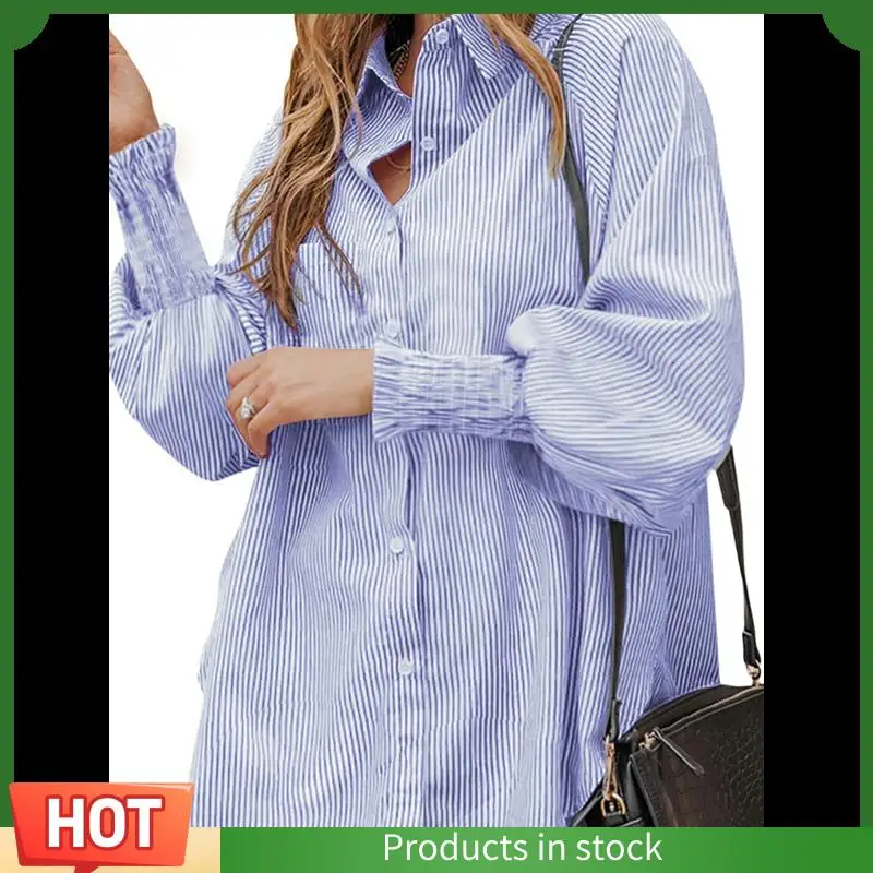 

Intuitive Women's Striped Button Down Shirt Smocked Cuffed Boyfriend Blouse Ruffle Sleeve Casual Tunic Tops With Pockets
