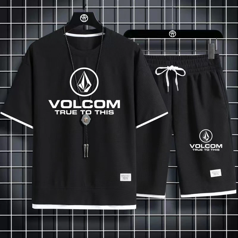 2024 VOLCOM New Man Tracksuits 2 Piece Short Sleeve Suits Printing T-shirt +Sweatpants Sets Sutdent Casual Summer Sport Clothes