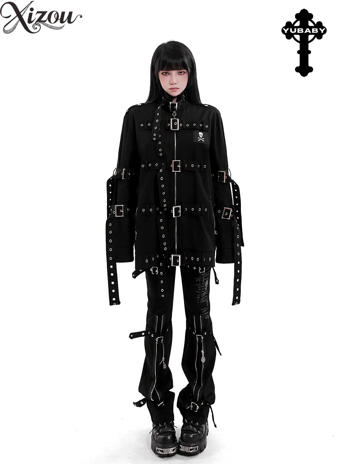 Women's Coats Dark Gothic Harness Strap Casual Jacket Stand Collar Skull Patch Zip Up Punk Outer Coat Spring Autumn 2026