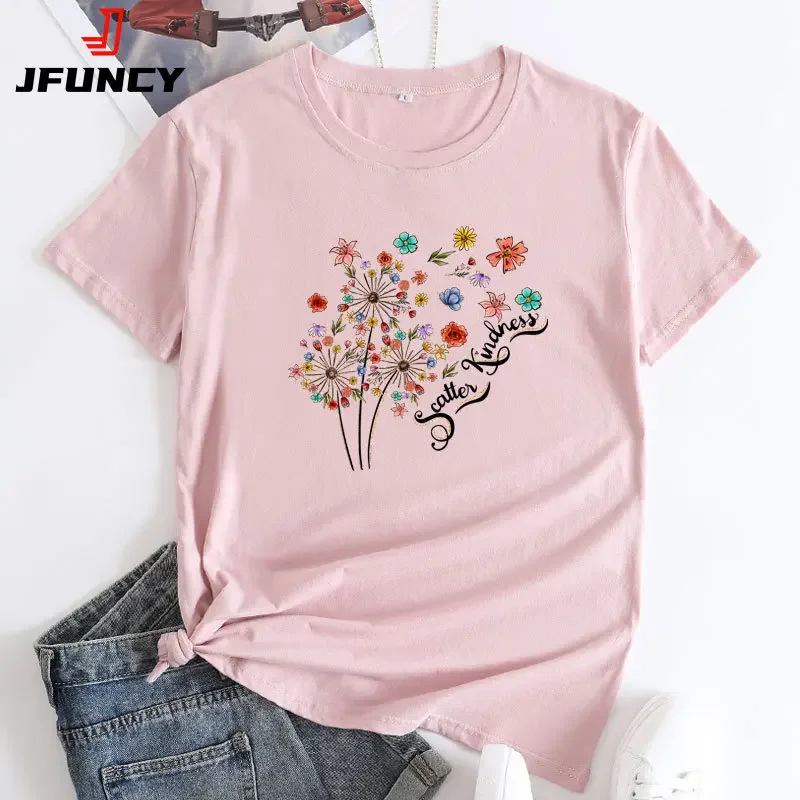 

JFUNCY Women's T-shirt Oversized Short Sleeve Top Dandelion Graphic T Shirts Woman Clothing Women Tees 2024 Summer Female Tshirt