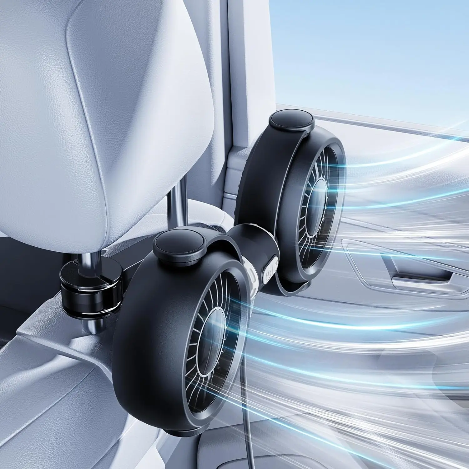 Dual-Head Rear Seat Car Fan, 360° Rotation, Powerful Airflow, Brushless Motor, Stepless Speed Control, Blows Both Left & Right,