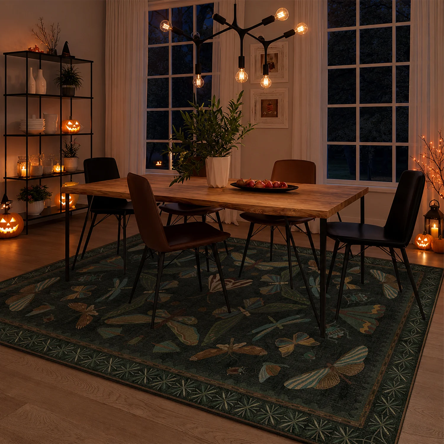 Large Indoor Area Rug, Soft Velvet Low Pile with Non-slip Dotted Backing, Machine Washable Vintage Insect Motif Rug featuring Butterflies, Dragonflies & Moths in Deep Forest Green, Ideal for Living Room, Bedroom, Entryway