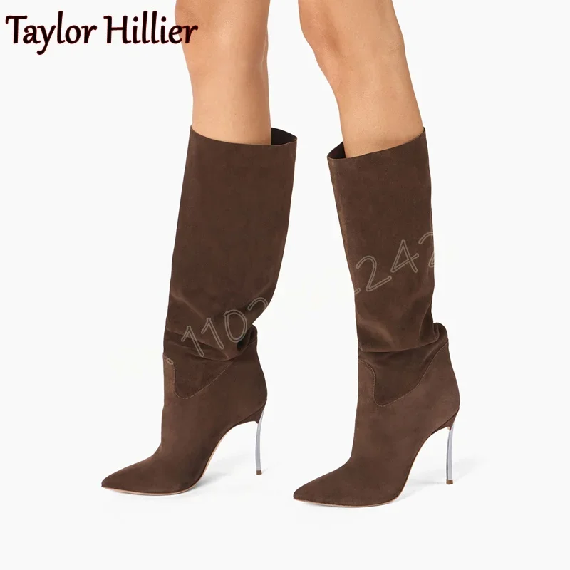 

Brown Suede Metal Heel Knee-High Boots Pointed Toe Stitching Mid-Calf Women'S Boots Fashion Party Nightclub Knight Boots Autumn