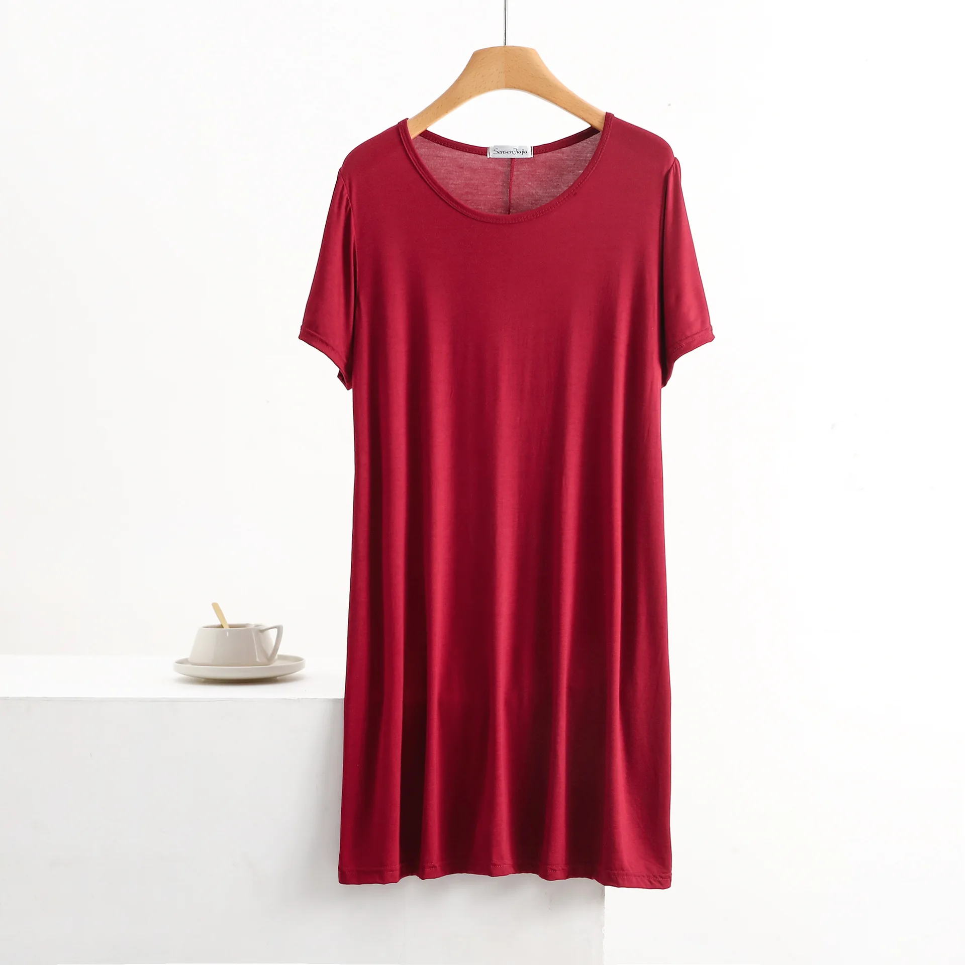 Summer women\'s dress O Neck short sleeves Casual Loose Tshirt dresses solid color Plus size sleepdress homewear