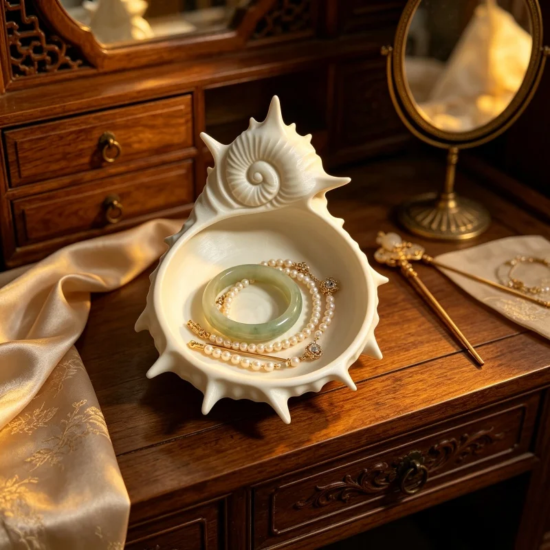 White 3D Conch-Shaped Jewelry Tray and Beauty Storage Rack, Ocean-Themed Decorative Cosmetic Storage Tray, Multifunctional Waterproof Bathroom Accessory, Suitable for Dressing Table and Bathroom Countertop to Store Rings, Necklaces, Earrings, Perfume, Skincare Products, and Small Jewelry Display Bowls