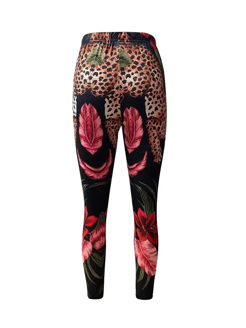 Leopard & floral print tight stretch elastic waist casual leggings for women