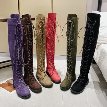 Botas informales de tacón bajo para mujer, botas por encima de la rodilla aterciopeladas para invierno, con cordones, a la moda, hasta el muslo, 2021