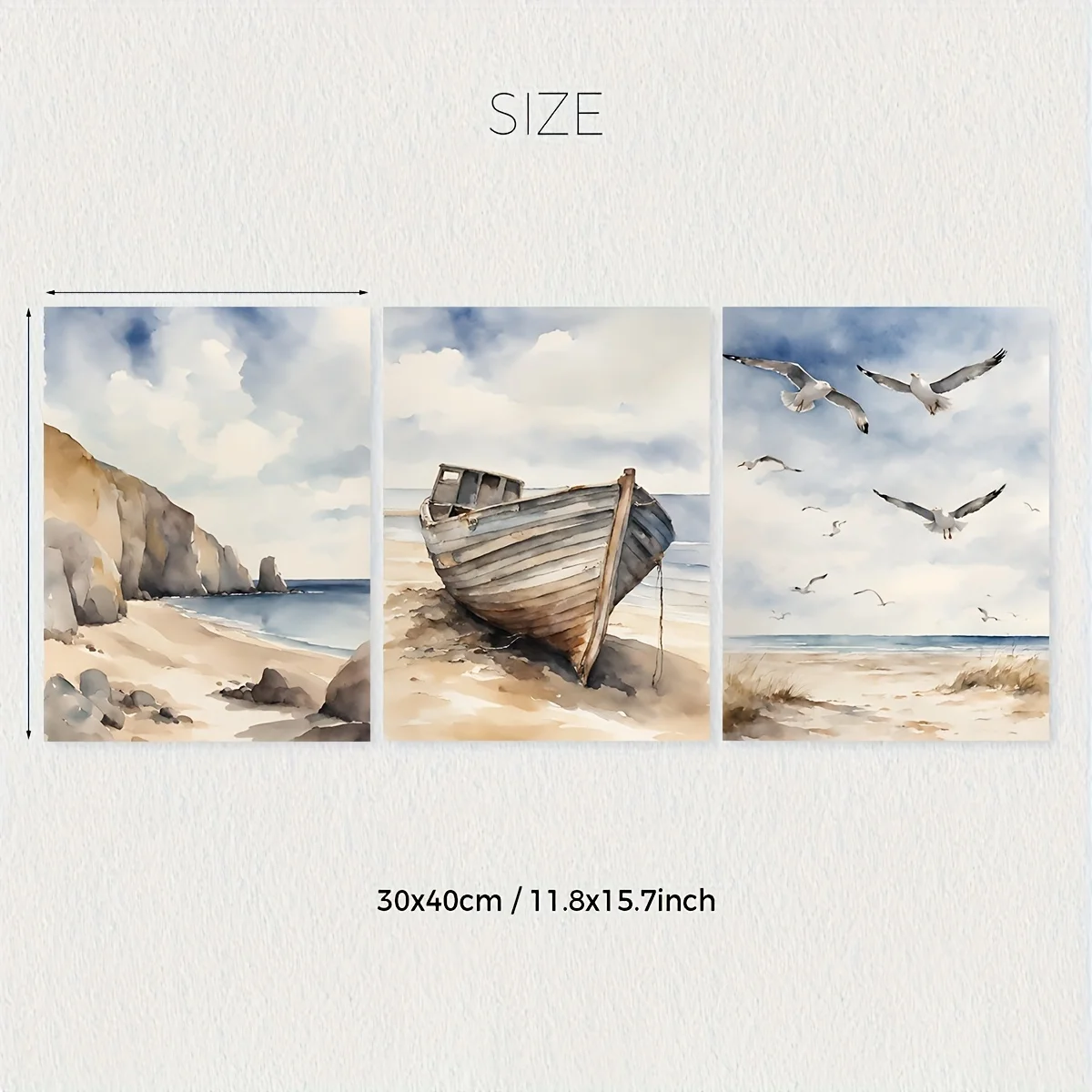 مجموعة فنية جدارية لمناظر شاطئ البحر الساحلية - ملصقات قماشية عصرية معاصرة مكونة من 3 قطع للشاطئ والقوارب وطيور النورس، إطار