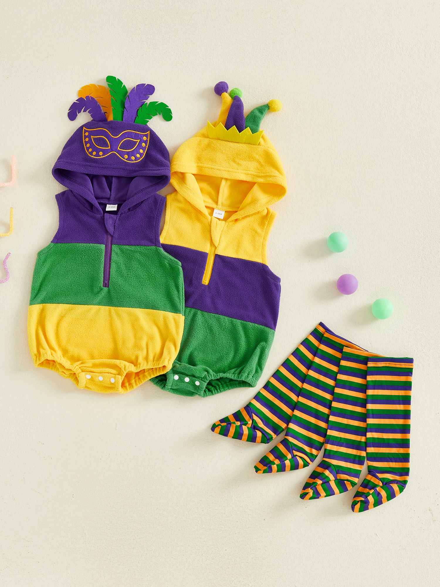 

Карнавальный костюм для малышей, комбинезон без рукавов с капюшоном и одинаковыми гольфами, комплект детского наряда для вечеринки Марди Гра