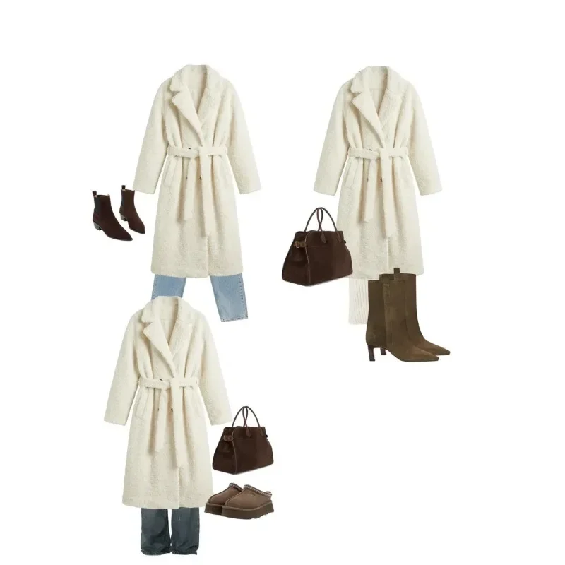 Eco-friendly Artificial Fur Coat Extended Suit Collar Double-breasted Belt Lambskin Coat Fashionable Women's Clothing for Winter