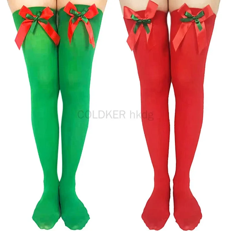 1 Pairs Christmas Thigh High Socks Women Long Red Green Socks Thigh-High Stockings for Holiday Party Cosplay Festive Outfits