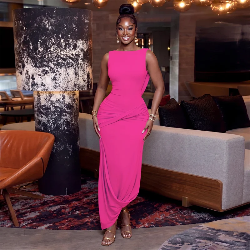 

Solid Ruched Party Bodycon Maxi Dress Women Elegant Prom Club Night Out Sleeveless Backless O-neck Birthday Long Dresses Vestido