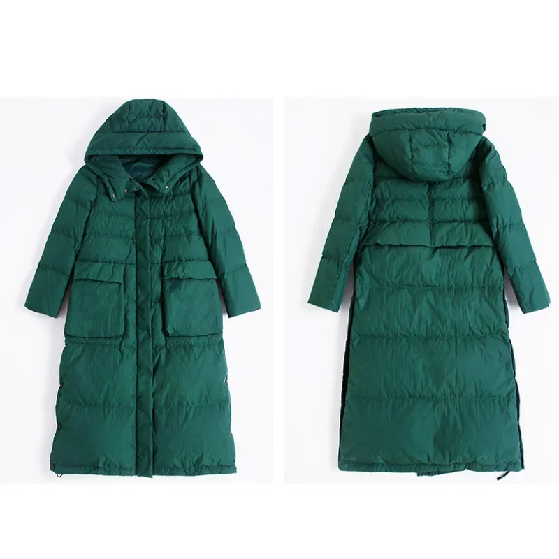 ダークグリーンの大きなサイズのフード付きパファージャケット、レディース高級ダウンコート、冬用ルーズな膝丈、欧米風トップス