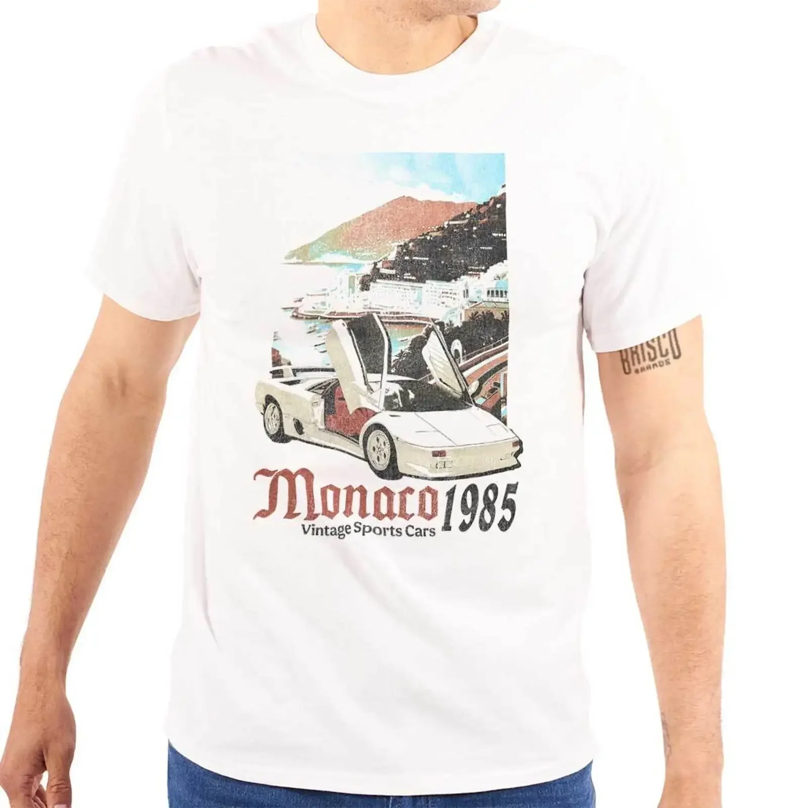 Distressed Monaco 1985 Vintage Sports Car Mens Casual Crewneck T Shirt vintage Washed Top For Everyday Wear Stylish Breathable