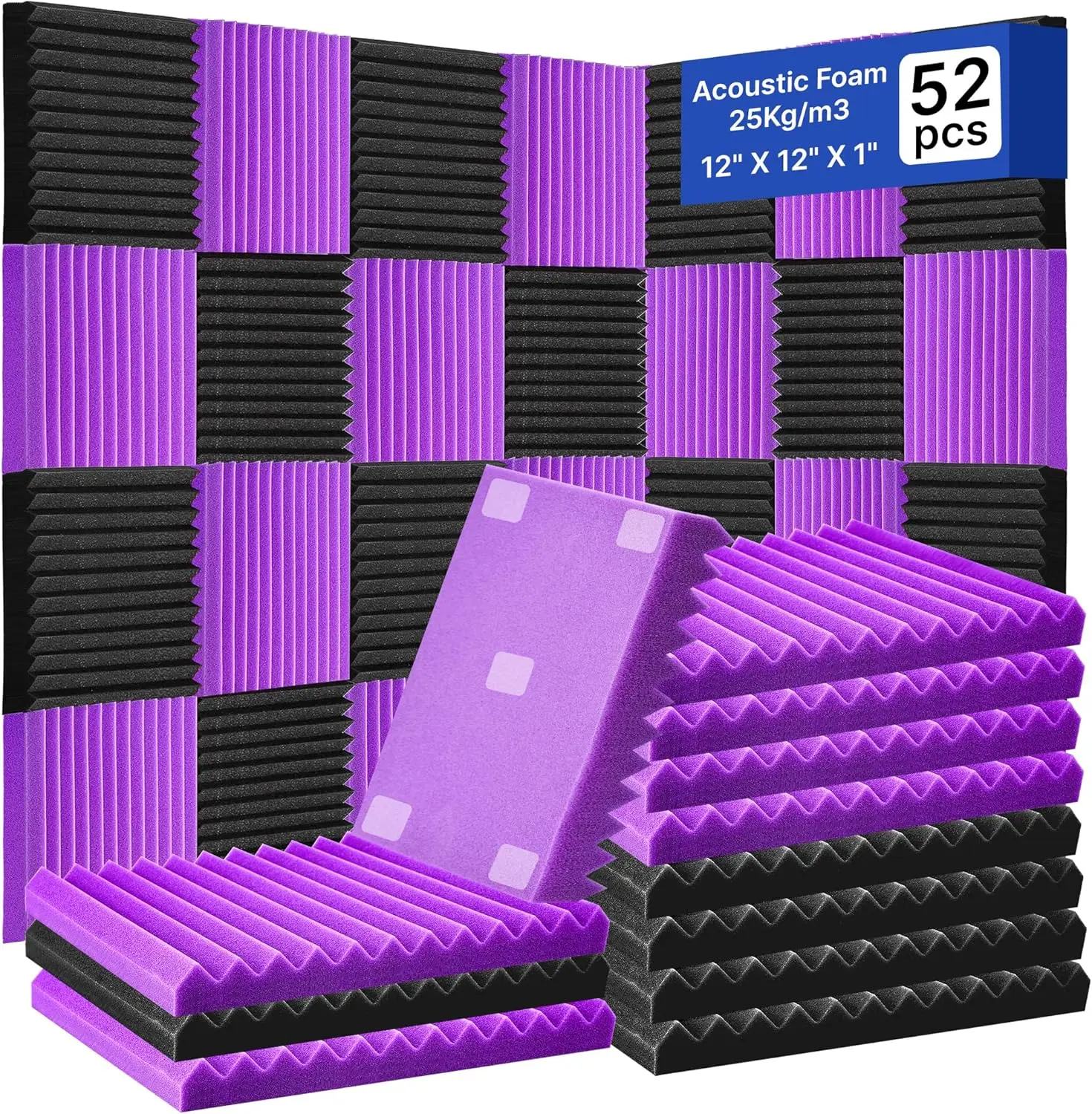 

Набор из 52 акустических панелей из звукопоглощающей пены, 2,54 x 30,48 x 30,48 см, клиновидные, для студий, черные/фиолетовые