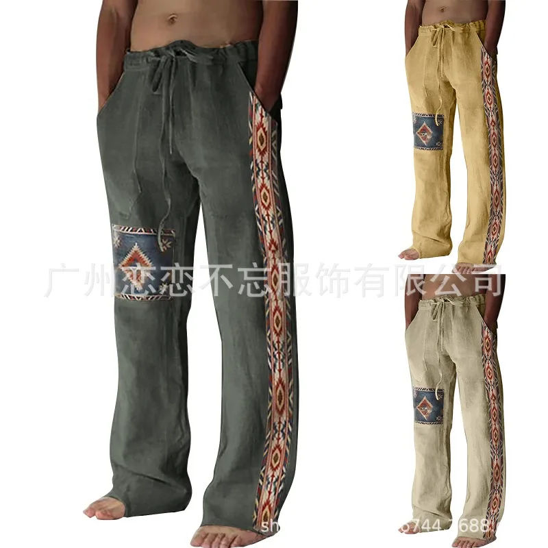 

1 Mens Summer Beach Drawstring Ethnic Style Casual Straight Leg Trousers