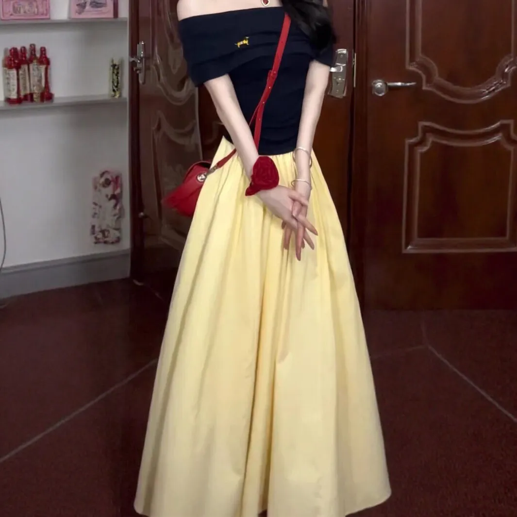 

Yellow High Waist A-Line Skirt Women's Spring Summer New Style Slimming Ice Silk Long Skirt Polyester Fabric H-Shape