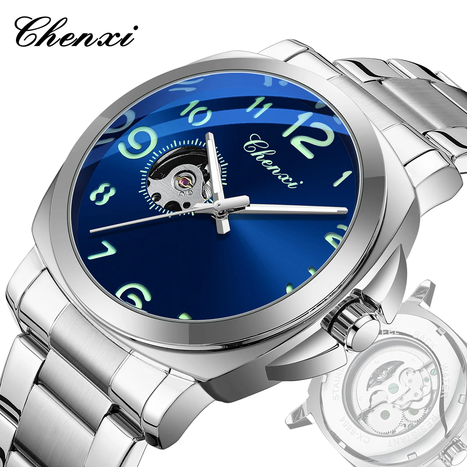 CHENXI Luxus Business Mechanische Uhr Herren Automatik Leuchtend 45mm Große Arabische Ziffern Skelett-Zifferblatt Herrenuhren Wasserdicht