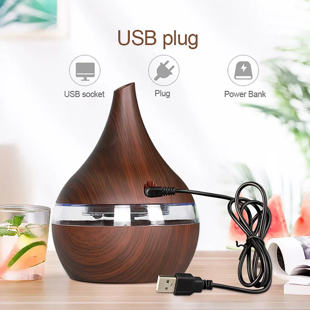 موزع روائح الزيوت العطرية من الخشب USB سعة 300 مل مع أضواء LED للمنزل والمكتب والسيارة