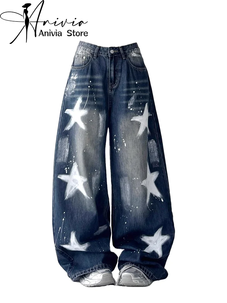 Damskie niebieskie jeansy cargo w stylu casual z motywem gwiazd, luźne, w stylu Y2K, japońskie Harajuku, estetyczne, w stylu High Street, vintage z lat 2000., spodnie jeansowe, odzież.