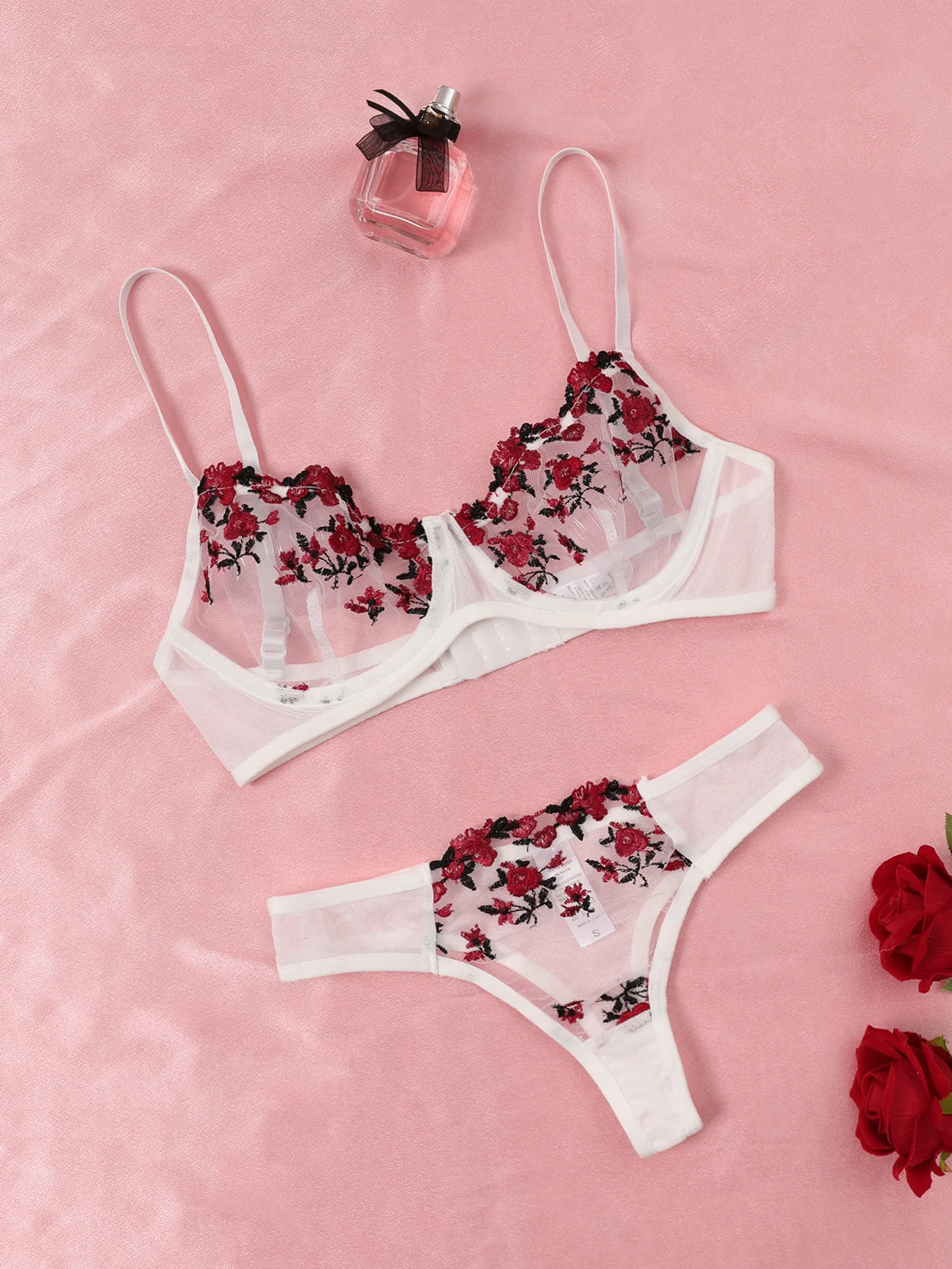 Lencería de encaje Sexy, lencería push-up, conjuntos de sujetador y bragas semitransparente, ropa interior para el pecho, conjunto de Bralette con bordado de flores