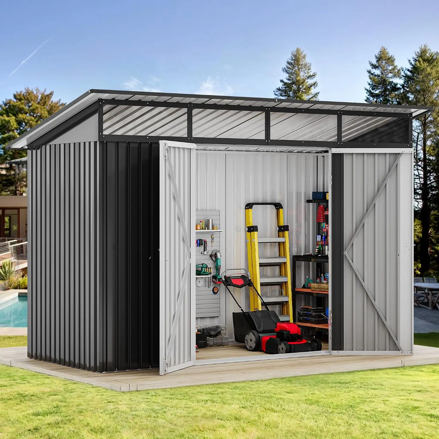 Dark Gray 9x4 FT Outdoor Storage Shed Acrylic Windows Utility Metal Garden Shed Door Lock Bike Storage Waterproof Trash Backyard